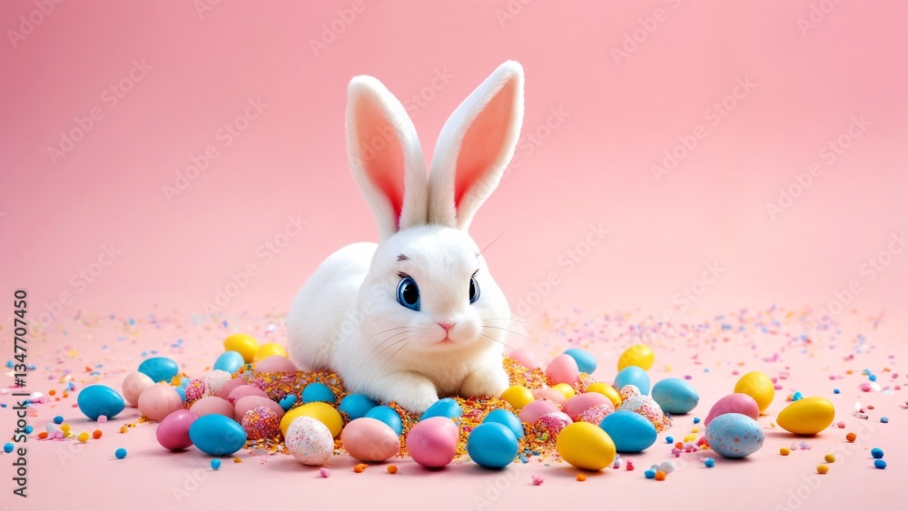 A white rabbit with blue eyes sitting in a pile of colorful Easter eggs. A white rabbit with blue eyes sitting in a pile of colorful Easter eggs.