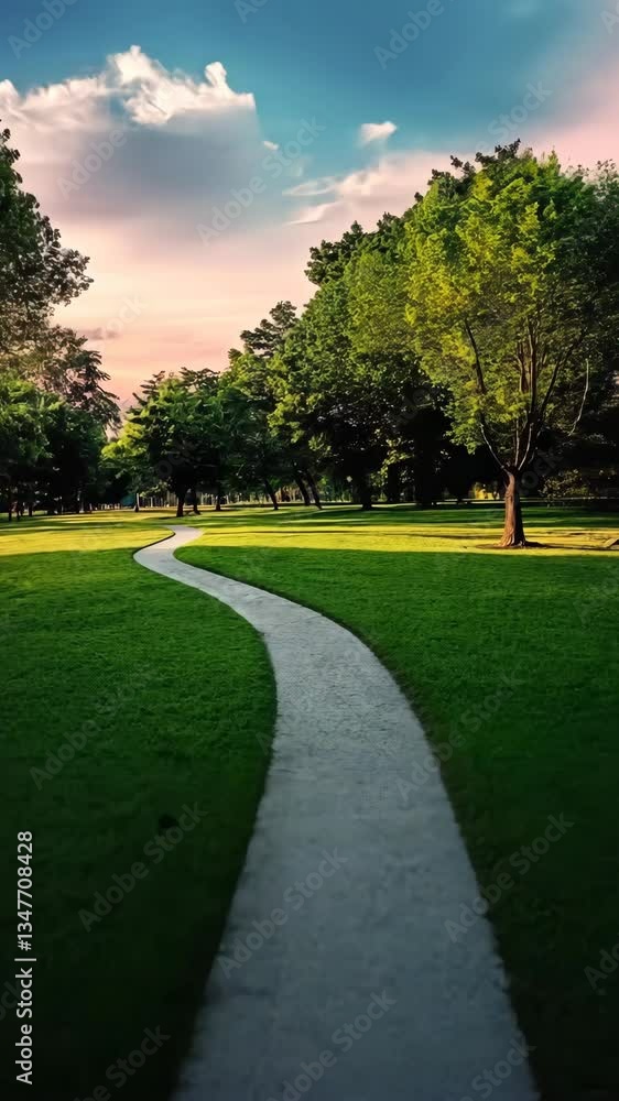 Serene winding pathway through lush green park landscape during sunset Serene winding pathway through lush green park landscape during sunset