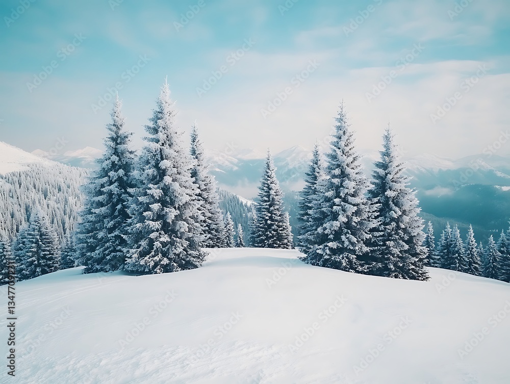 Naklejka premium Snowy landscape with evergreens against mountain backdrop