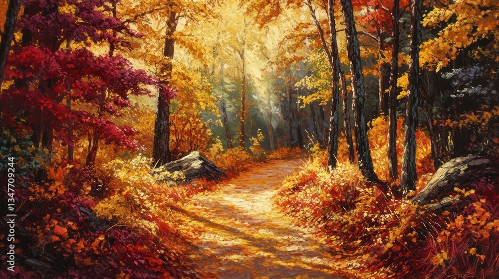 Obraz premium Autumn forest path, colorful foliage, sunlight, tranquil scene, nature photography