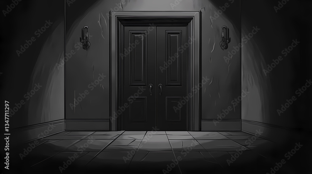 Obraz premium Darkened room with black steel door in the center, ominous entrance, isolated area, dark interior. Ominous Core. Illustration
