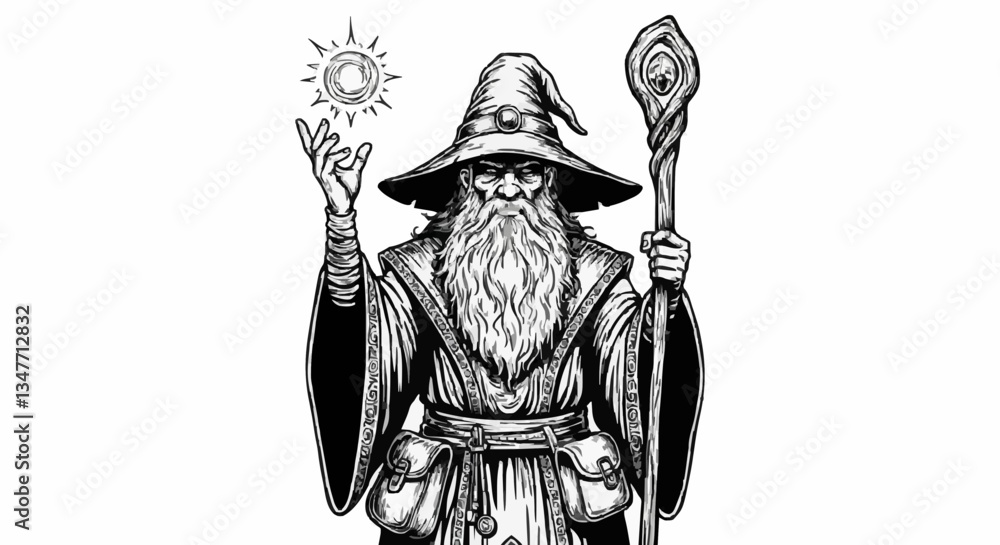 Obraz premium Wizard casting a spell with magic staff against white background 