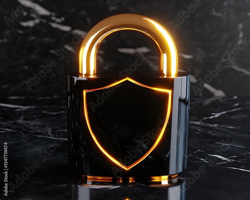 A stylized black and gold padlock symbol on dark marble