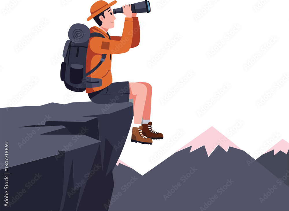 Adventurous hiker in an orange jacket using binoculars while seated on a rocky mountain ledge in a flat vector art style