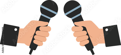 Two hands holding black microphones in a minimal flat design style showcasing a duet performance in vibrant colors, vector illustration