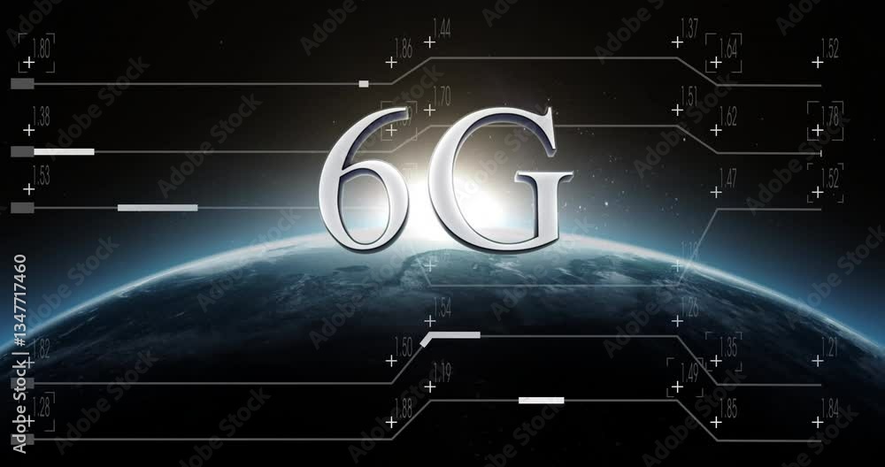 Animation of 6G text with digital network over Earth and glowing horizon