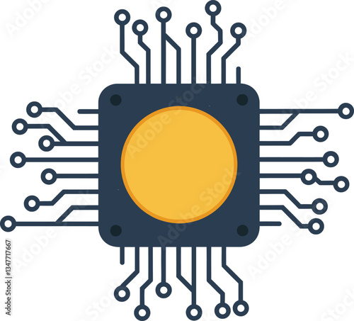 Central processing unit with yellow core, minimal design, surrounded by circuit lines representing digital technology, creating a modern and innovative atmosphere in vector art