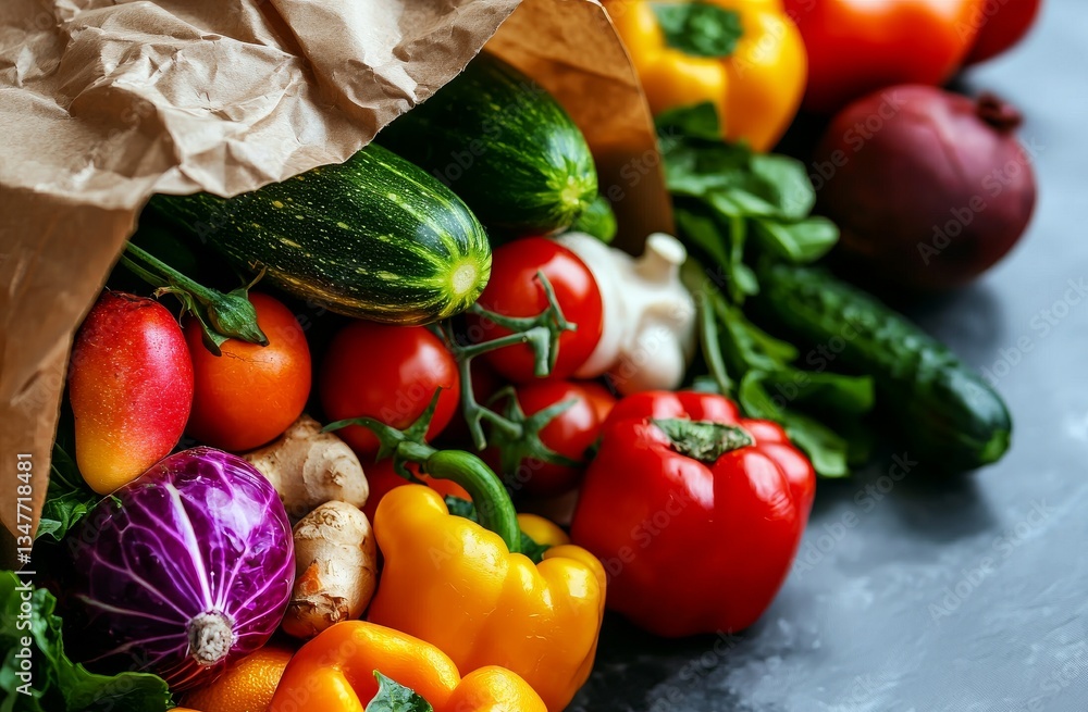 Fototapeta premium Fruits and vegetables are arranged in a recyclable shopping bag situated on a white table