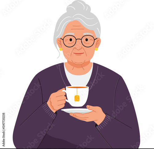 Elderly woman with grey hair and glasses holding a cup of tea in a cozy flat vector illustration