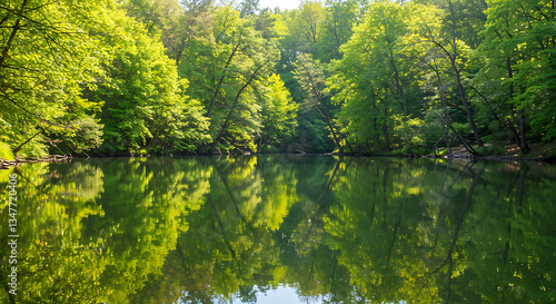 Spring Forest Reflection in Crystal Clear Lake