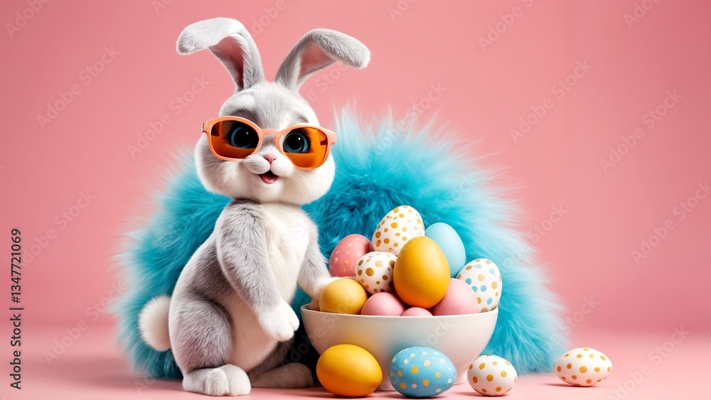 Fototapeta premium A white rabbit wearing orange sunglasses sitting next to a bowl of colorful eggs.