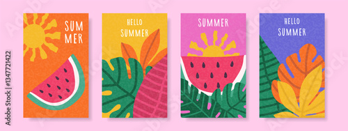 Hello summer. Summer bright covers with tropical bright leaves and watermelon pieces.