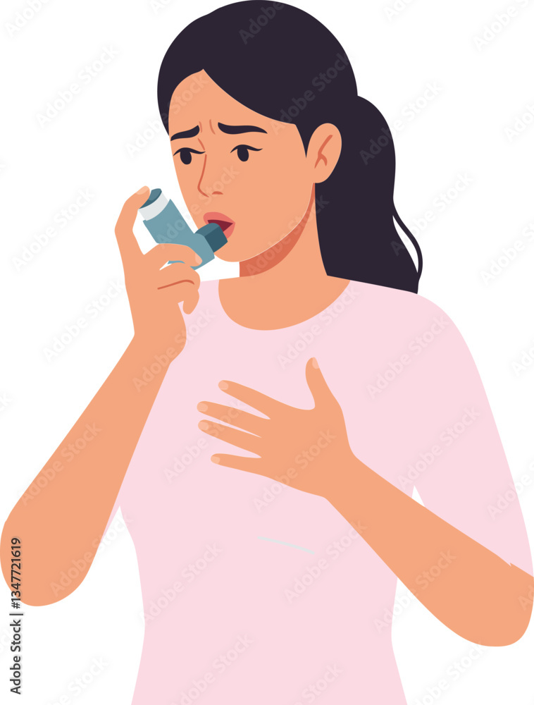 Woman using an inhaler in a moment of discomfort in a minimal flat design vector illustration Woman using an inhaler in a moment of discomfort in a minimal flat design vector illustration