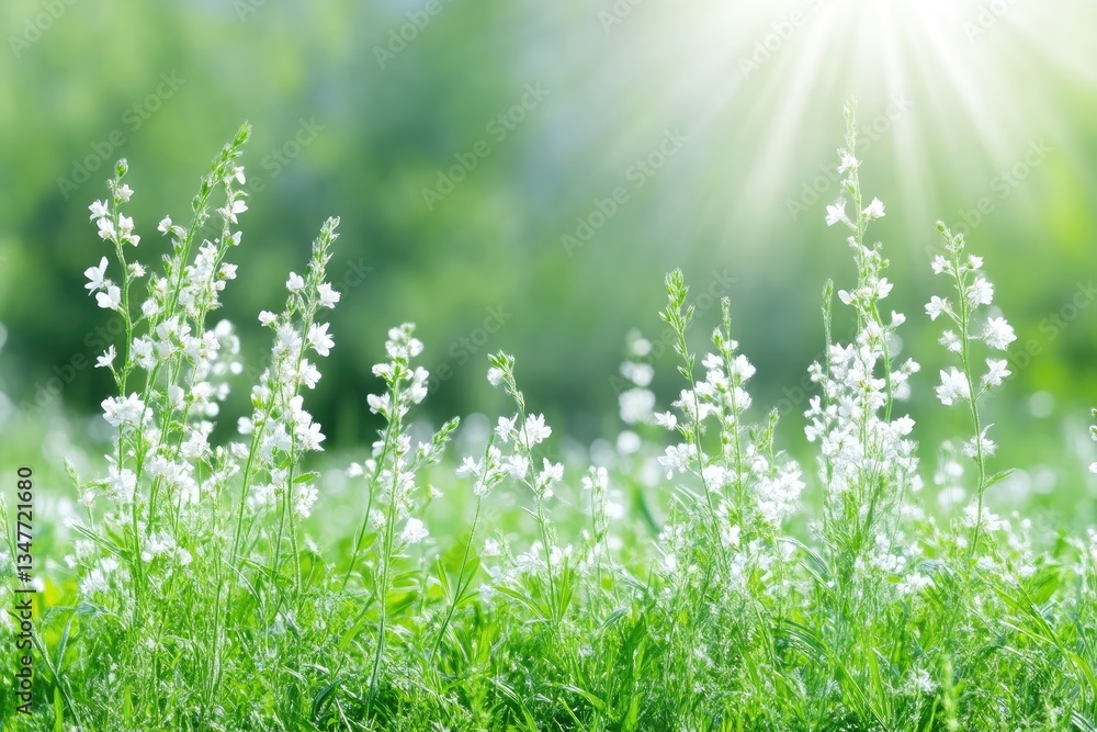 Obraz premium Delicate white flowers in a grassy meadow bathed in sunlight