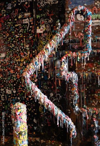 Colorful gum lines the famous gum wall in Seattle, Washington.  