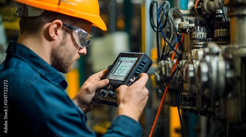 Engineer performs electronic measurements with a digital oscilloscope in an industrial setting surrounded by machinery