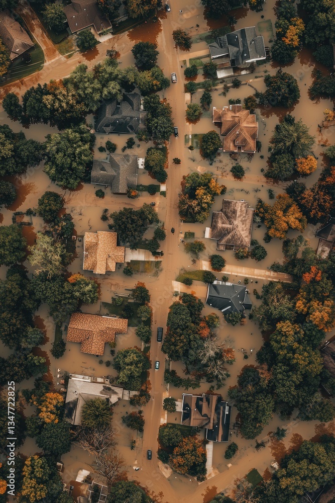 Fototapeta premium Aerial view of devastating scene of flood disaster. Global climate change.