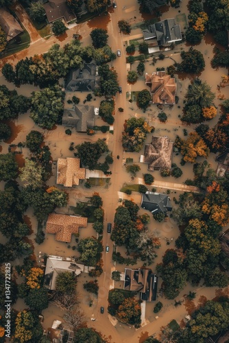 Aerial view of devastating scene of flood disaster. Global climate change.