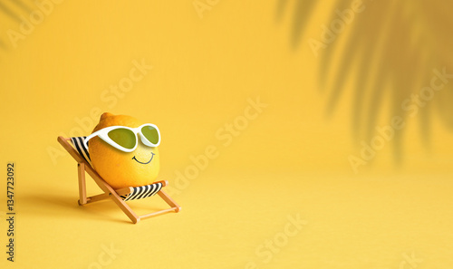 Lemon in sunglasses relaxes on lounge chair on beach. Summer concept.