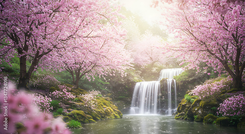 Fantasy Spring Landscape with Blossoming Trees and Waterfalls