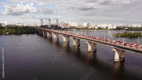 Wallpaper Mural Drone View Of Busy City Bridge Over River, Scenic Skyline, Urban Traffic Flow Torontodigital.ca