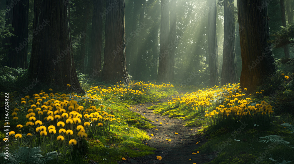 Obraz premium 森の小道とタンポポ — 木漏れ日に輝く自然の美
