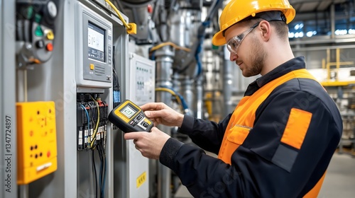 Skilled industrial engineer conducting electrical measurements with a multimeter in a manufacturing facility during daytime operations