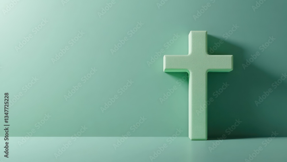 Obraz premium Green cross on teal wall, minimal background, faith concept, religious imagery