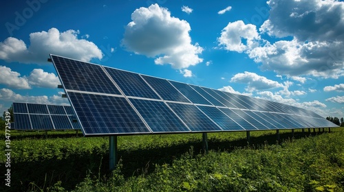 Solar panels on a field against a blue cloudy sky, landscape format. Illustrates renewable energy, green technology, and environmental solutions.