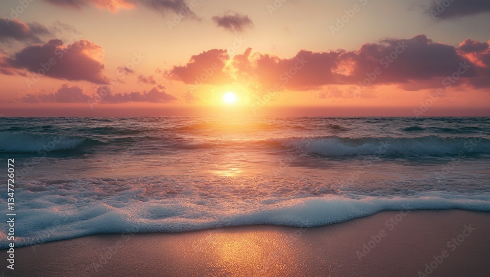Fototapeta premium Dramatic sunset over ocean waves at beach