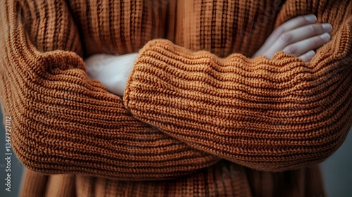 Cozy Orange Knit Sweater with Crossed Arms in Soft Light