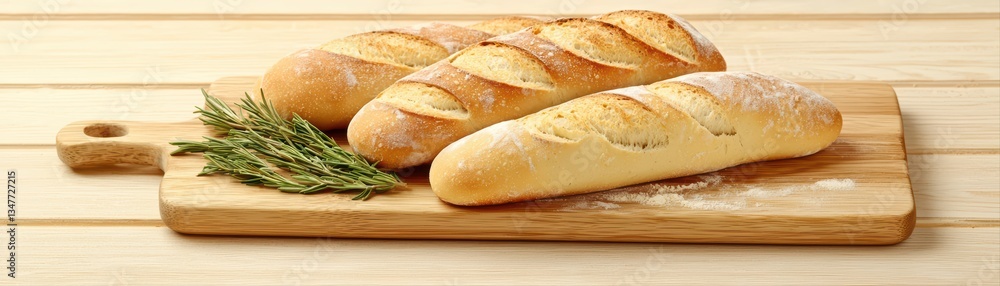 Rustic Italian Bakery Bread on Wooden Board with Fresh Herbs and Flour Background Rustic Italian Bakery Bread on Wooden Board with Fresh Herbs and Flour Background
