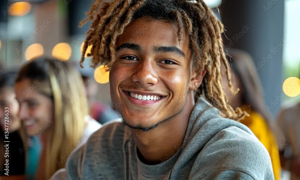 Smiling young man with dreadlocks in a lively café setting, friends enjoying conversation Smiling young man with dreadlocks in a lively café setting, friends enjoying conversation