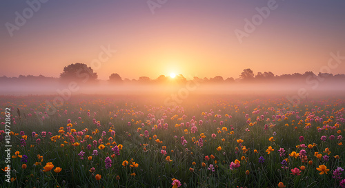 Spring Sunrise Over Flower Field with Soft Hues