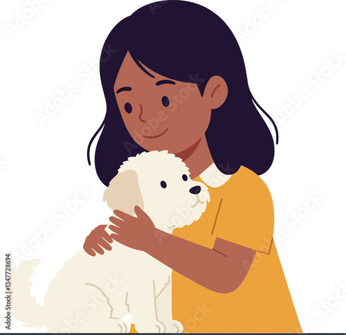 A young girl in a yellow dress joyfully hugs her fluffy white puppy in a flat vector illustration, capturing warmth and affection in a playful setting