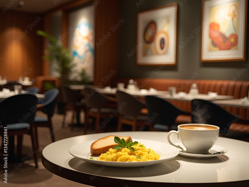 Fototapeta premium Modern Restaurant Interior with Contemporary Art & Exquisite Scrambled Eggs Presentation