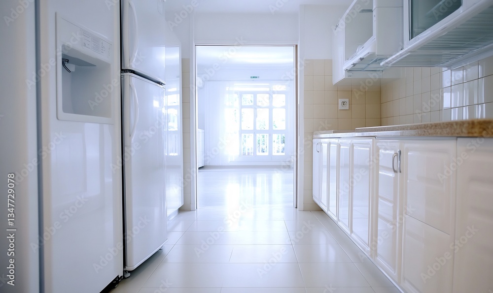 Fototapeta premium Bright kitchen interior, hallway view, tiled floor, sunlight