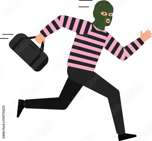 A masked individual in striped clothing running swiftly while carrying a black bag in a flat vector illustration emphasizing urgency and action