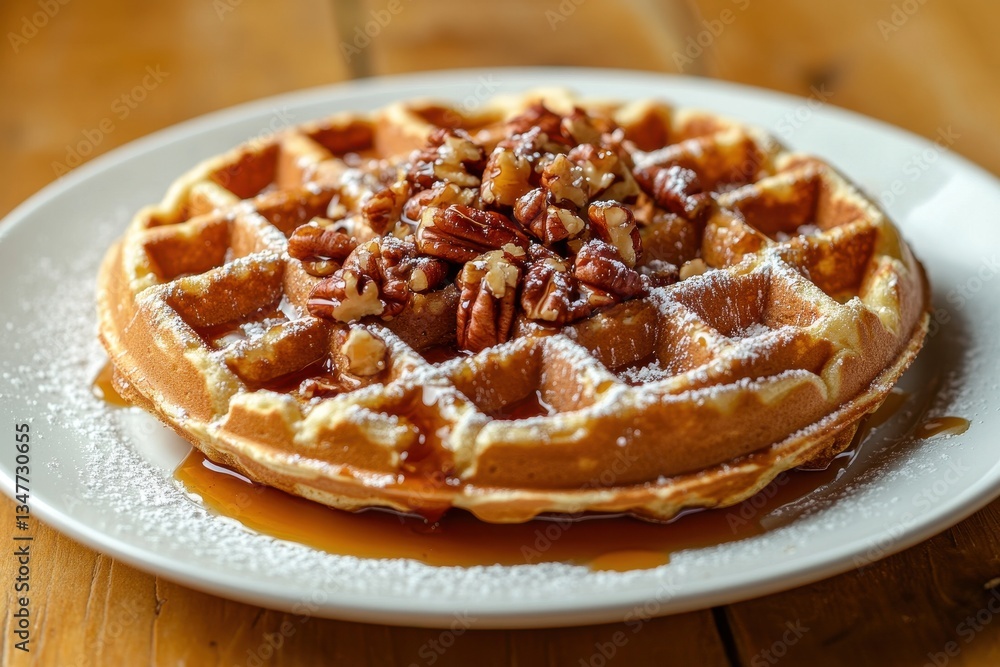 Golden waffle topped with pecans, syrup, and powdered sugar on a white plate. Use this to showcase a breakfast menu or delicious dessert recipe. Golden waffle topped with pecans, syrup, and powdered sugar on a white plate. Use this to showcase a breakfast menu or delicious dessert recipe.