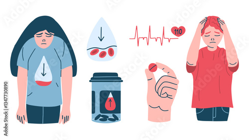 Women suffers from hypoglycemia. Woman with low sugar levels. Symptoms of iron deficiency anemia and methods of treatment. The concept of pre-diabetes or anemia. Vector illustration in a flat style.