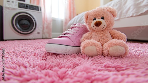 Pink shoes and teddy bear on a pink rug in a child's room