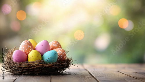 Emmpty wooden table background - easter spring theme 
