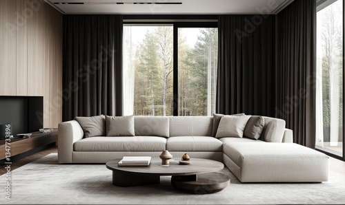 A modern living room interior features furniture with natural views