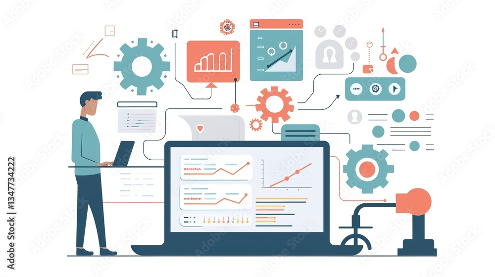 Automation Concept, Businessman Using Laptop with Virtual Tools to Streamline Operations, Enhance Efficiency, and Drive Digital Transformation in Business
Automation Concept, Businessman Using Laptop with Virtual Tools to Streamline Operations, Enhance Efficiency, and Drive Digital Transformation in Business