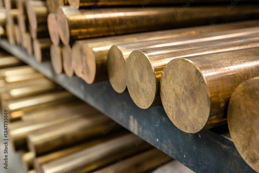 Naklejka premium Large round bronze alloy bars stacked in industrial storage Generative AI