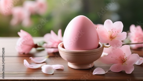 Wallpaper Mural happy easter composition close up single pastel pink easter egg in a ceramic holder with delicate flowers and petals on wooden table with blurred background Torontodigital.ca