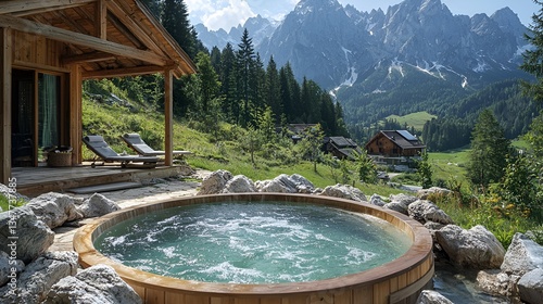 Wooden hot tub nestled in alpine chalet