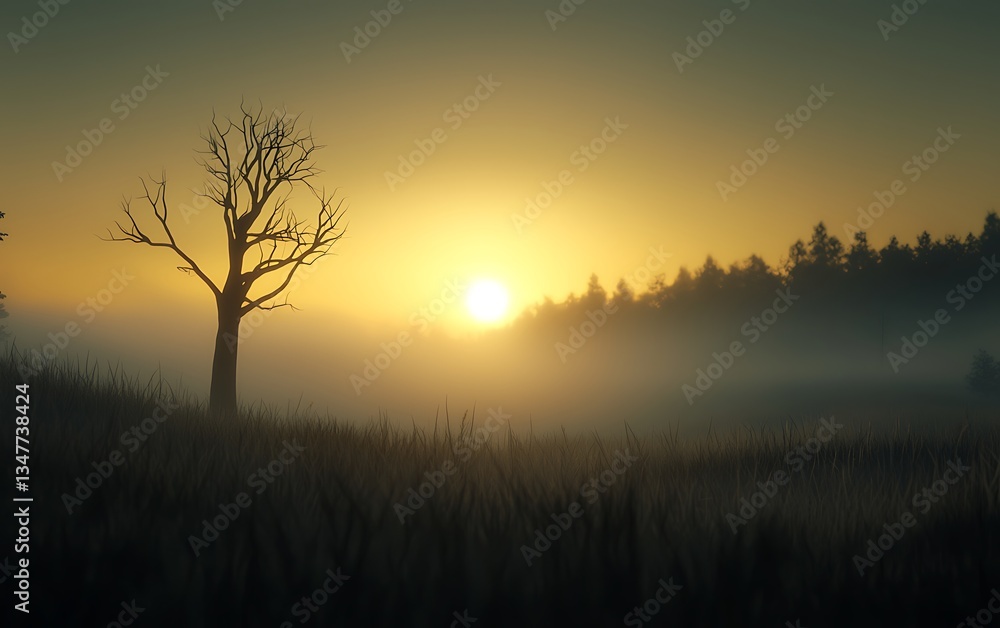 Fototapeta premium Misty Sunrise Field with Lonely Tree