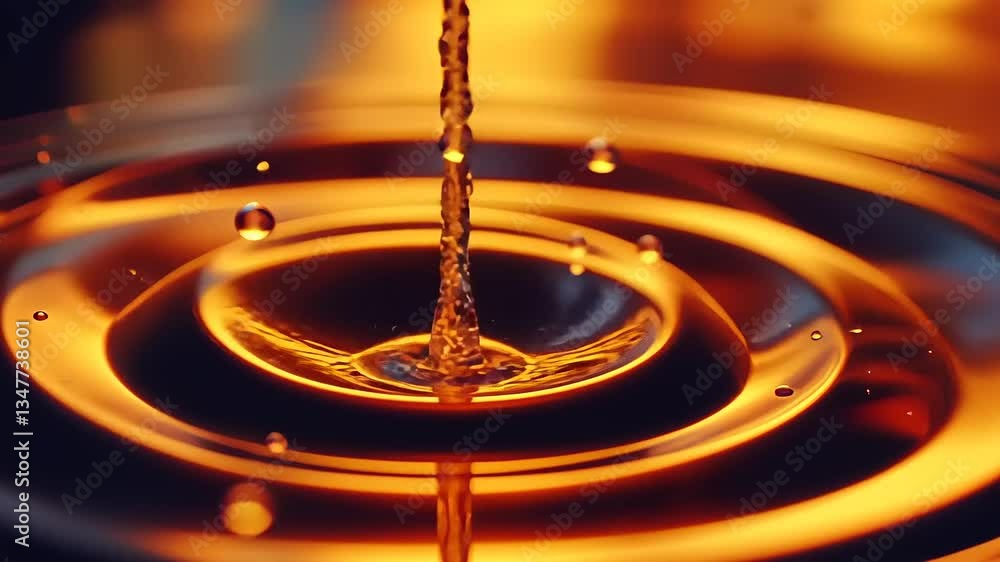 Close-up of water droplets creating ripples in a warm, orange-hued environment, showcasing fluid dynamics