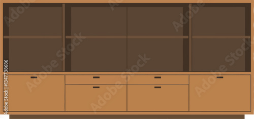 Modern wooden storage cabinet design featuring flat surfaces and spacious compartments in a minimal style of vector art